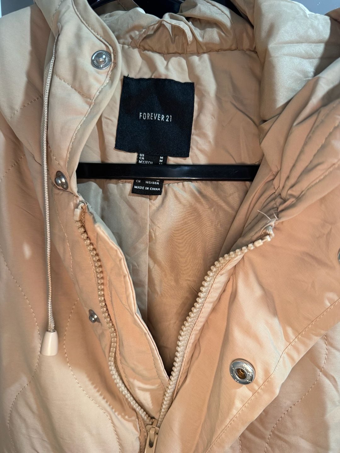 FOREVER 21 Quilted Hooded Beige Long Jacket Size M 7