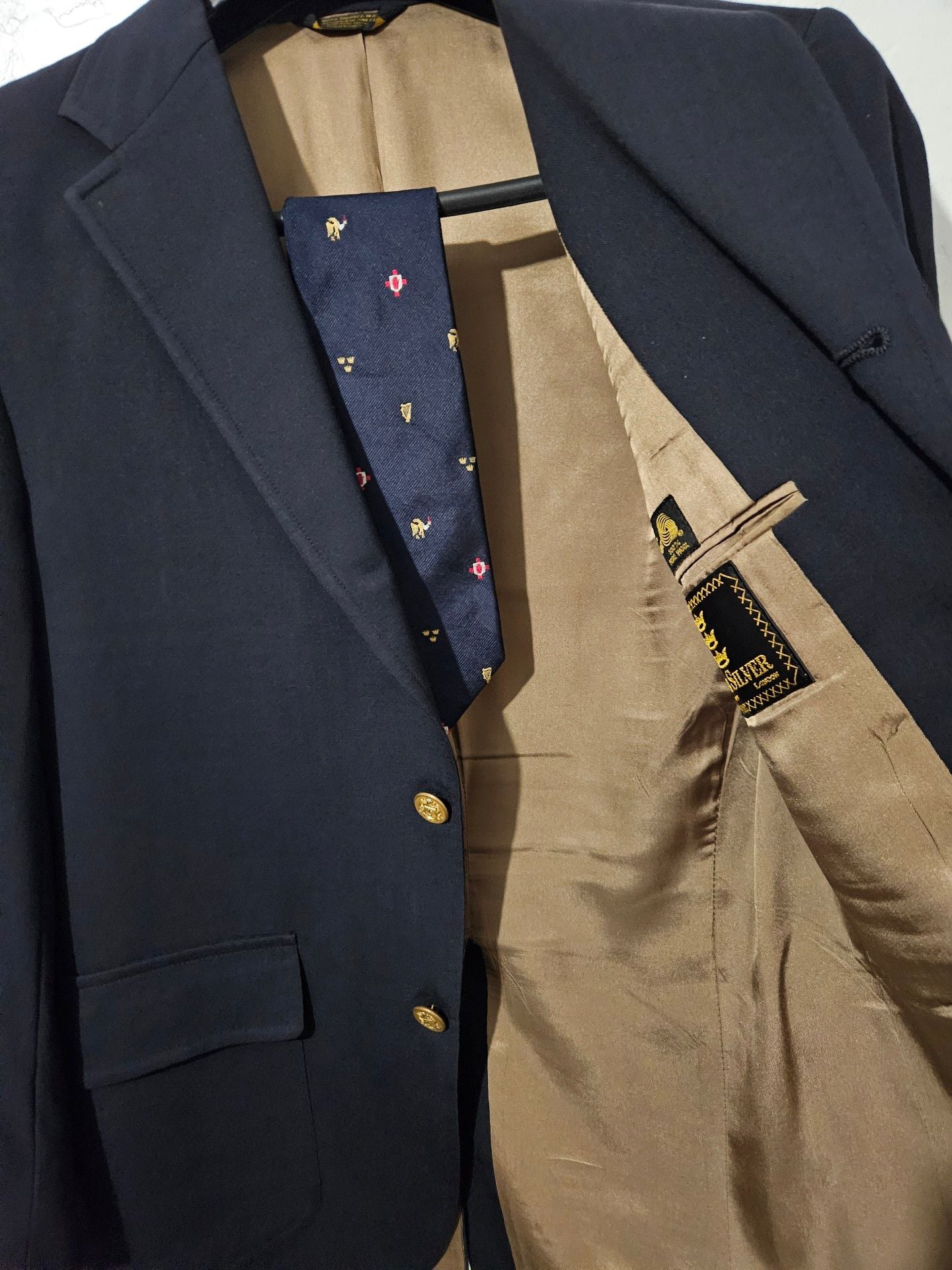 BEN SILVER Blue Wool Gold Button Luxury Sport Coat Blazer Jacket 38 R with Tie 3