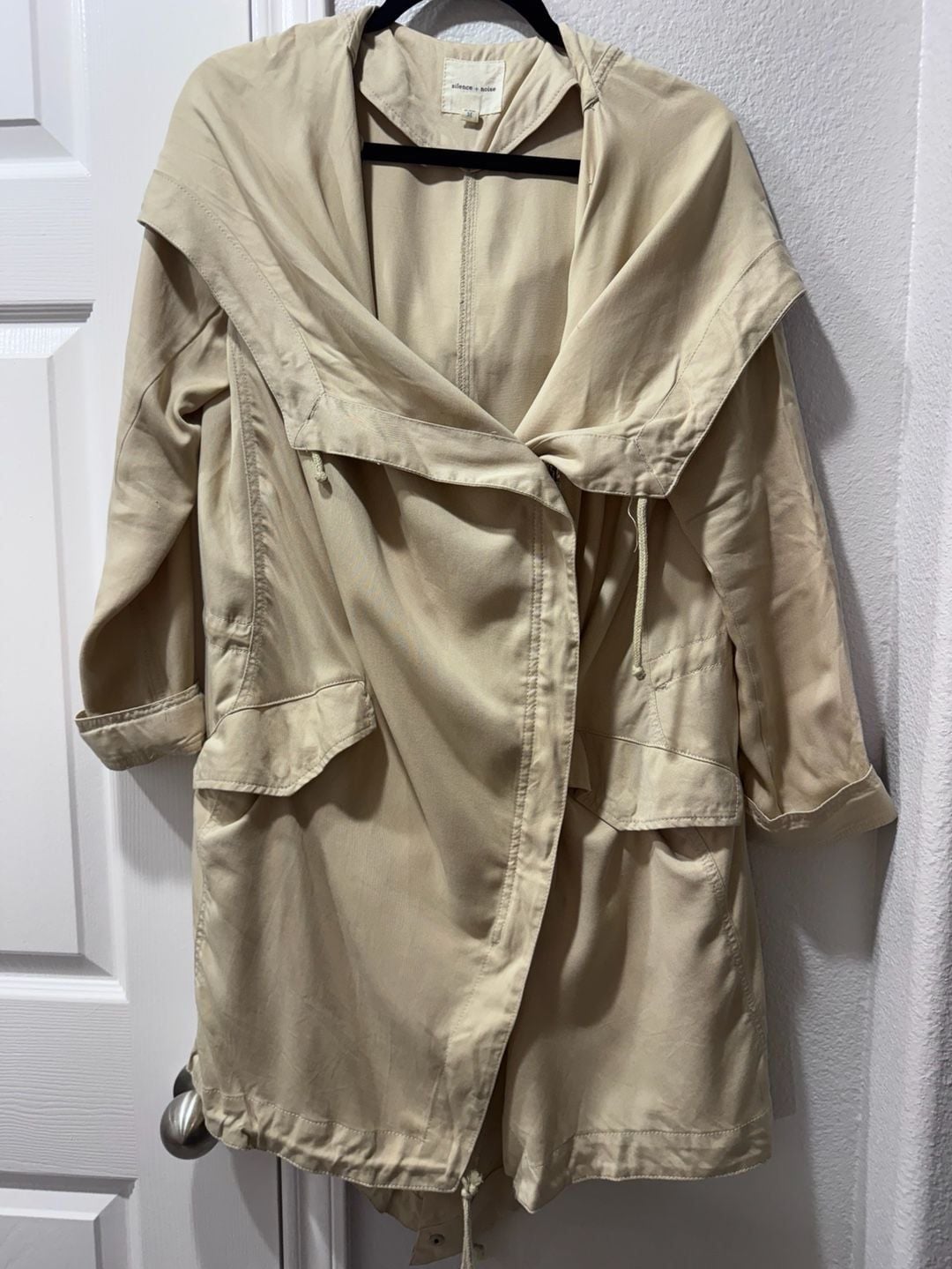 Silence + Noise Tan Asymmetrical Hooded Utility Coat Trench Jacket 5