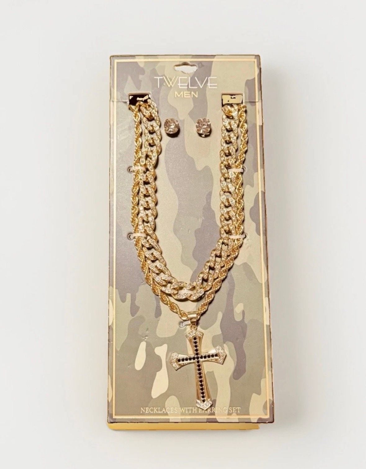 Twelve Men Gold Tone Cross Pendant Necklace and Earring Set 1