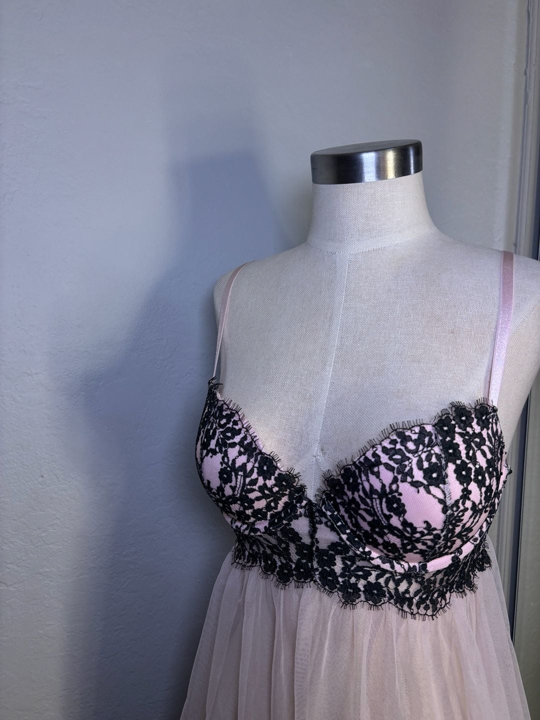 Victoria's Secret Babydoll Size 34C Pink Black Lace Mesh Lingerie 7