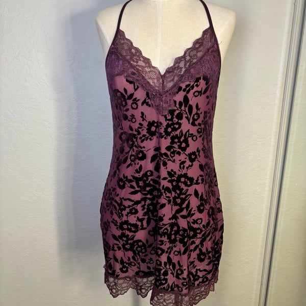 In Bloom by Jonquil Burnout Velvet Chemise Purple Floral Lace Trim