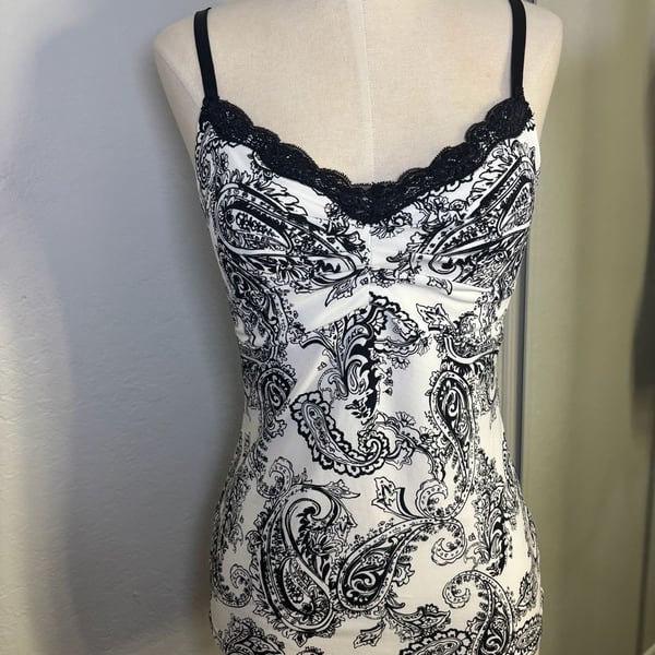 White House Black Market Lace Trim Cami Black White Paisley