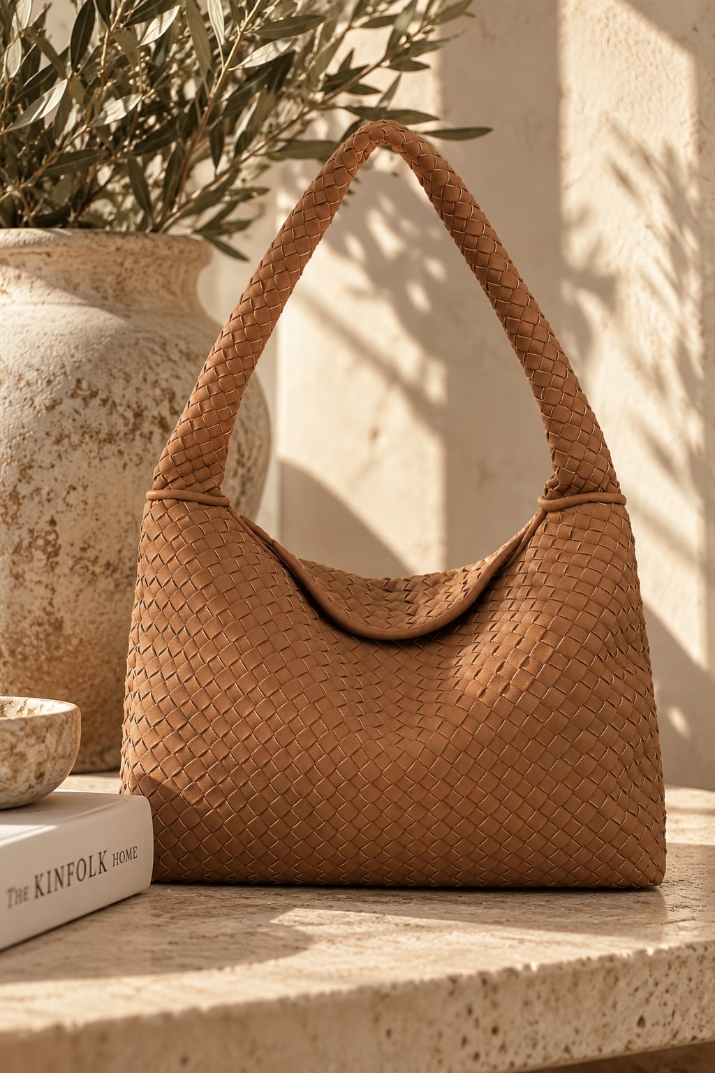 Newbella Woven Suede Handbag Brown Soft Vintage Satchel Top Handle Bag 2
