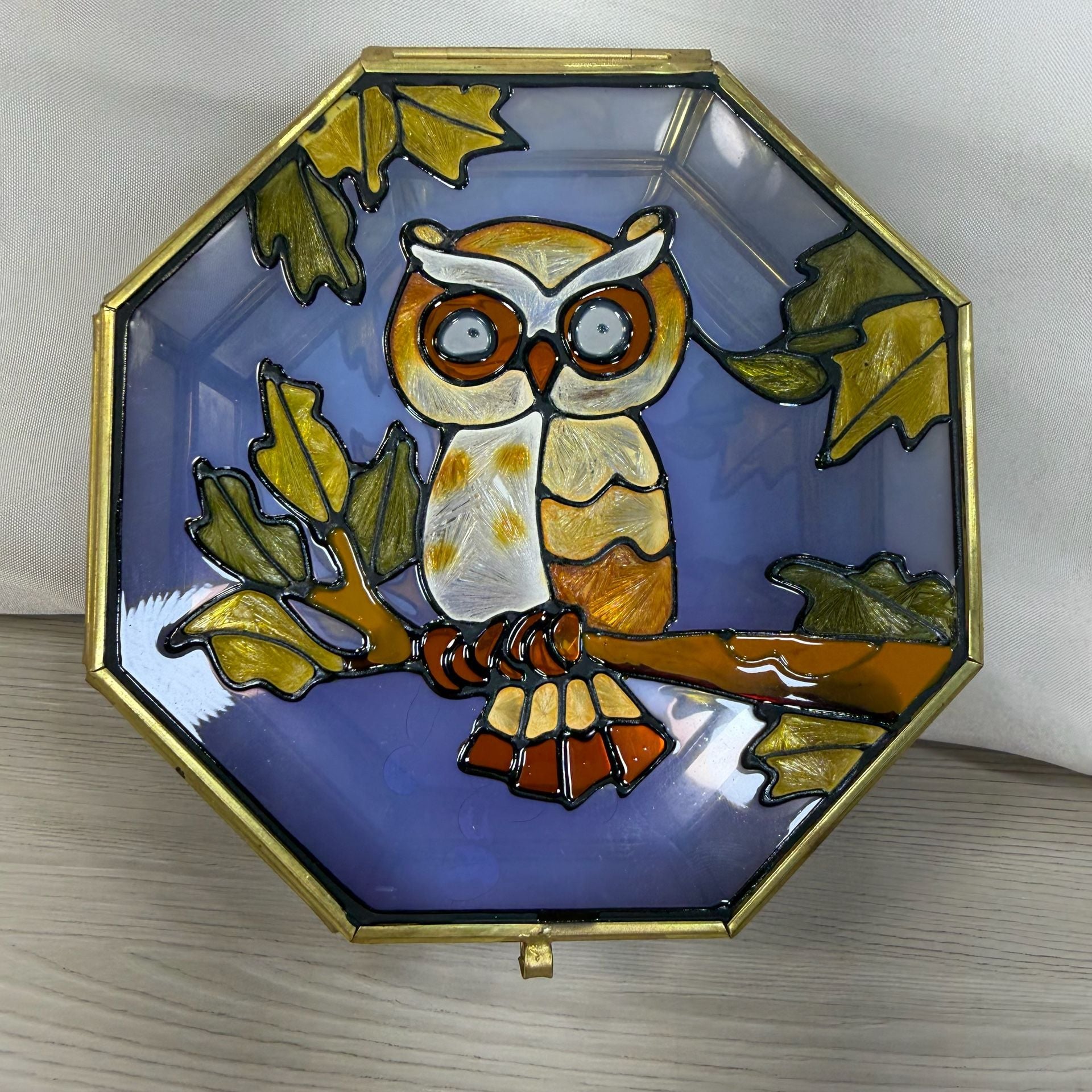 Vintage Brass Faux Stained Glass Owl Octagon Trinket Jewelry Box 1