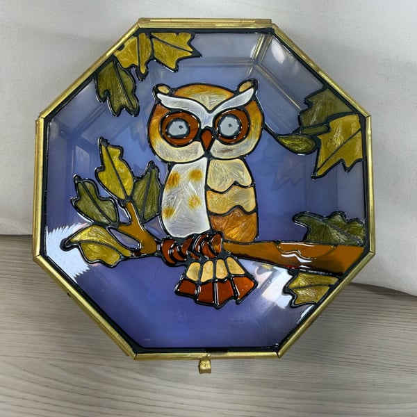 Vintage Brass Faux Stained Glass Owl Octagon Trinket Jewelry Box