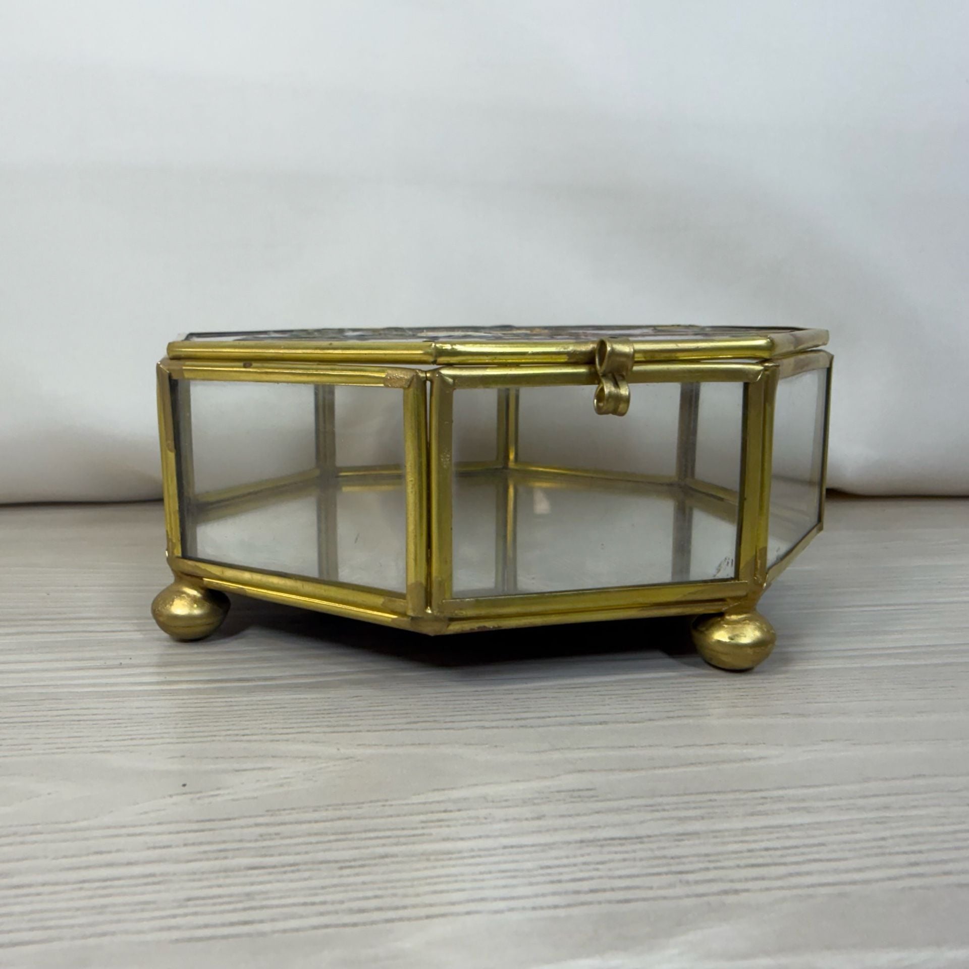 Vintage Brass Faux Stained Glass Owl Octagon Trinket Jewelry Box 2
