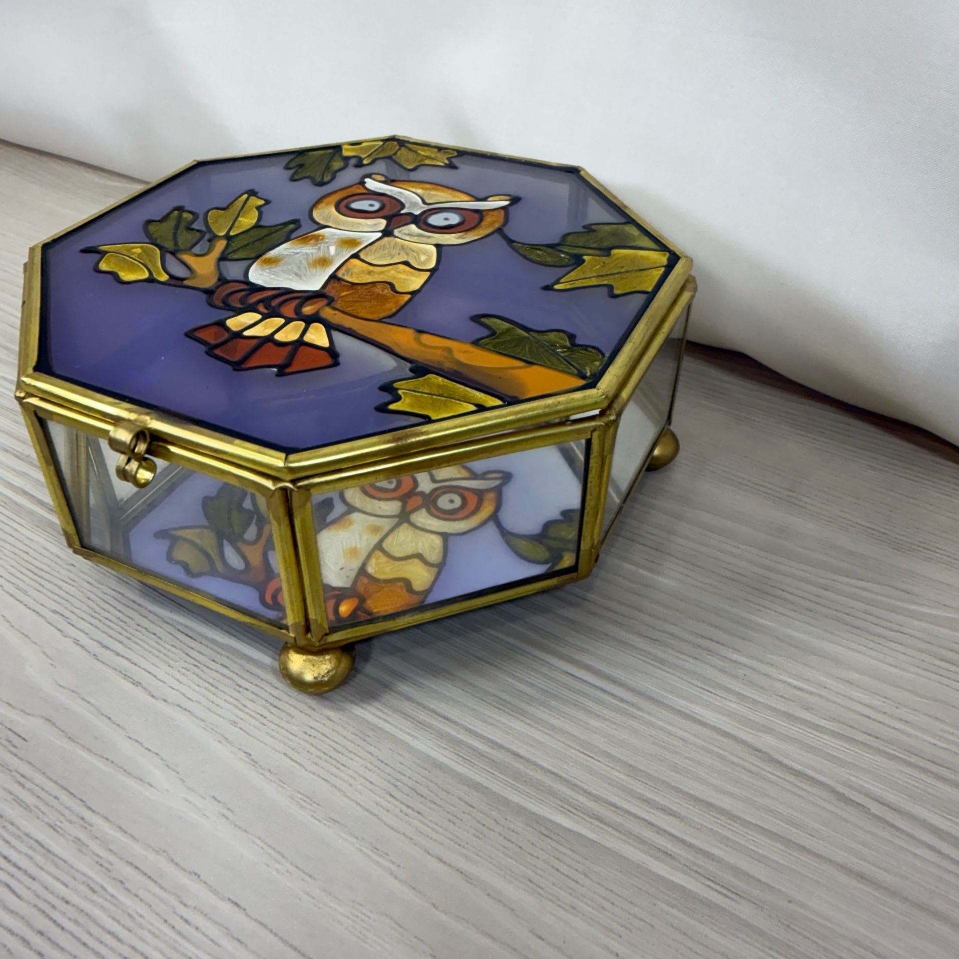 Vintage Brass Faux Stained Glass Owl Octagon Trinket Jewelry Box 3