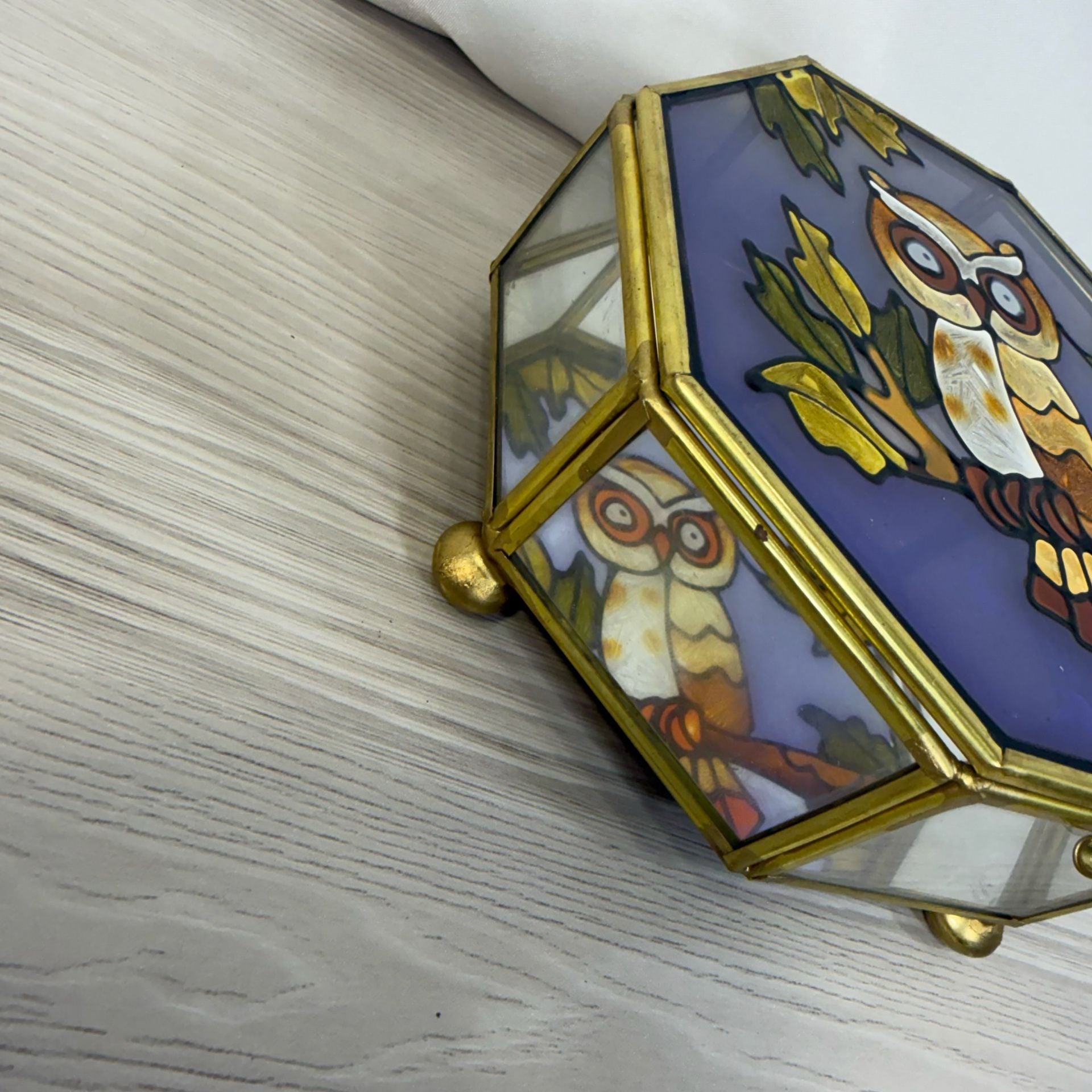 Vintage Brass Faux Stained Glass Owl Octagon Trinket Jewelry Box 4