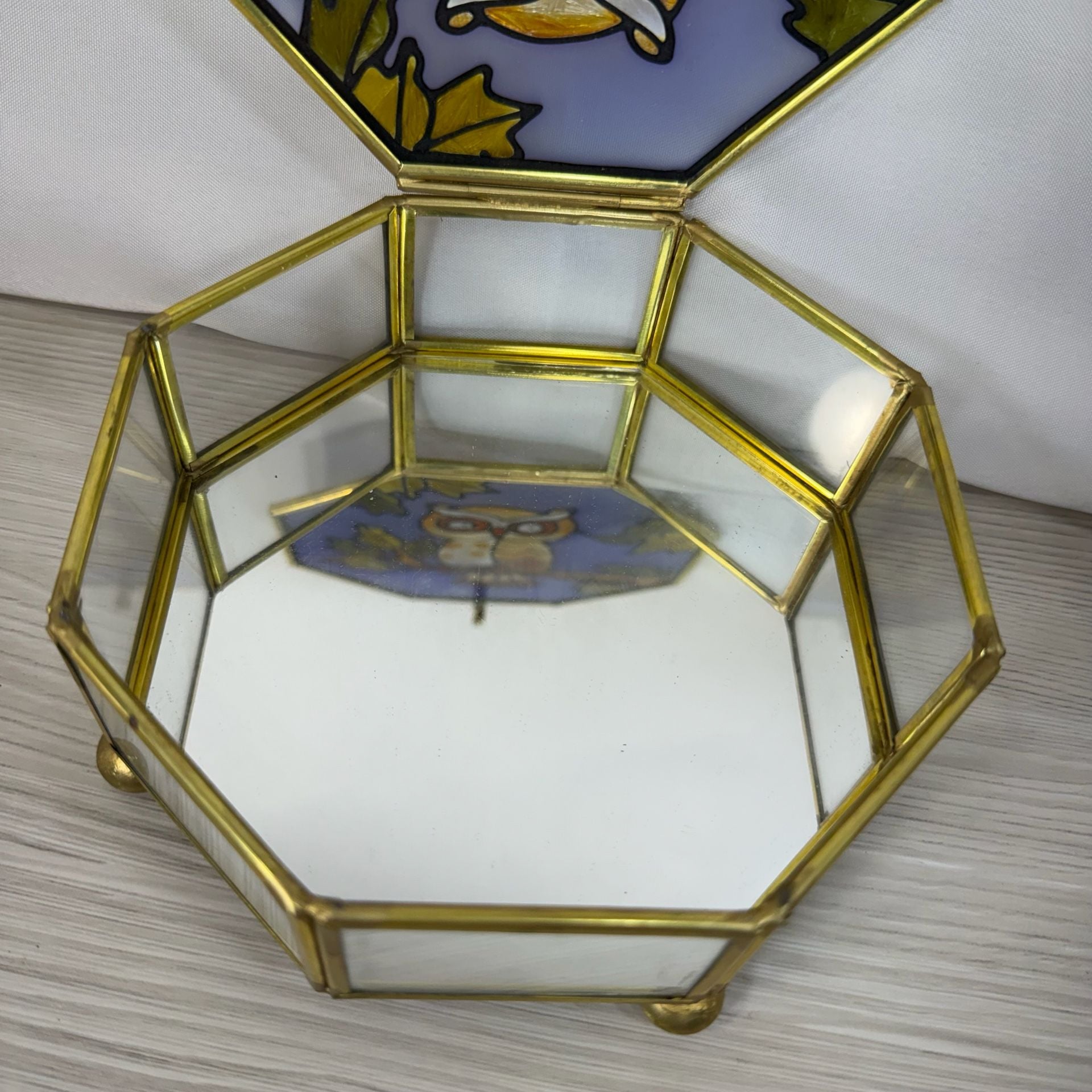 Vintage Brass Faux Stained Glass Owl Octagon Trinket Jewelry Box 5