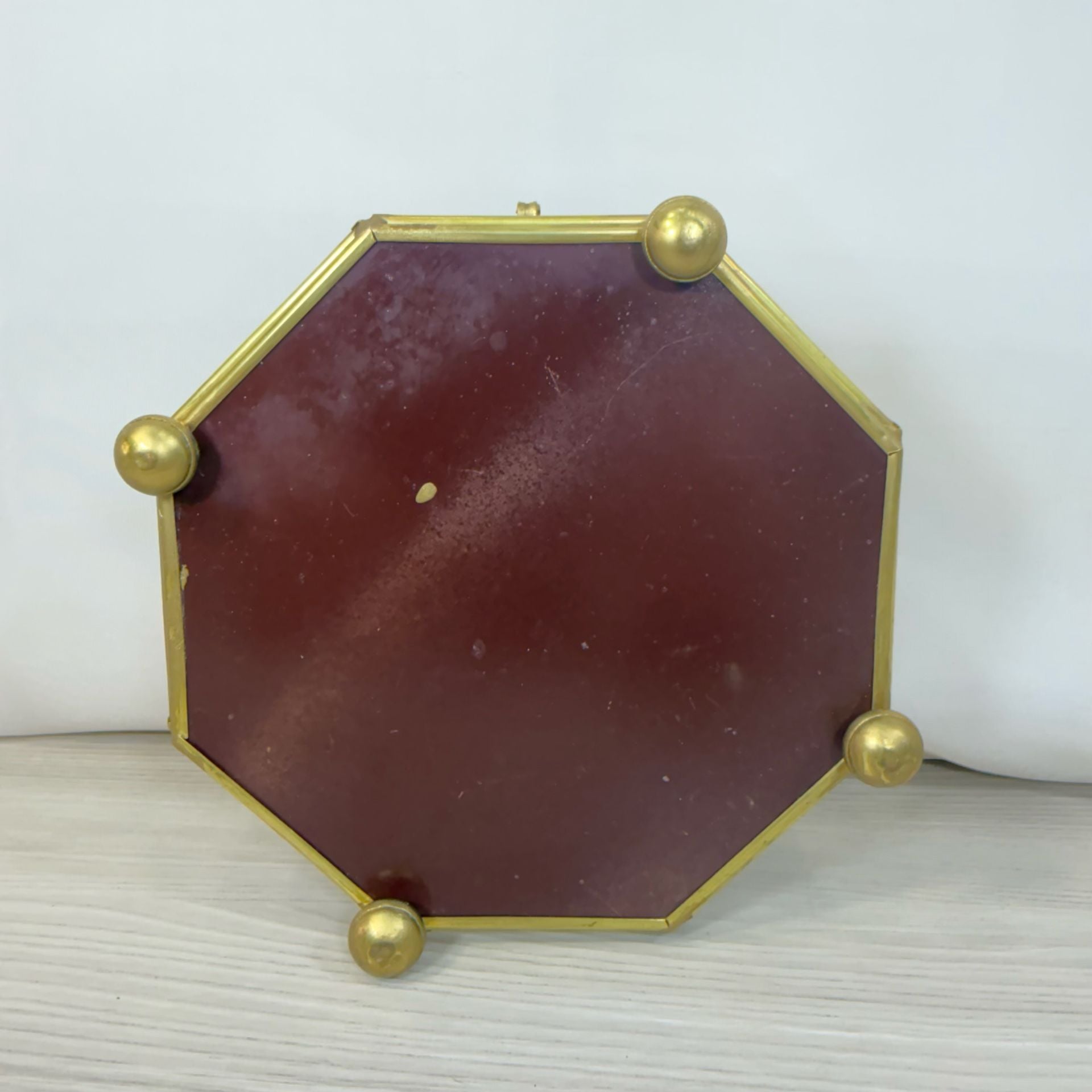 Vintage Brass Faux Stained Glass Owl Octagon Trinket Jewelry Box 6