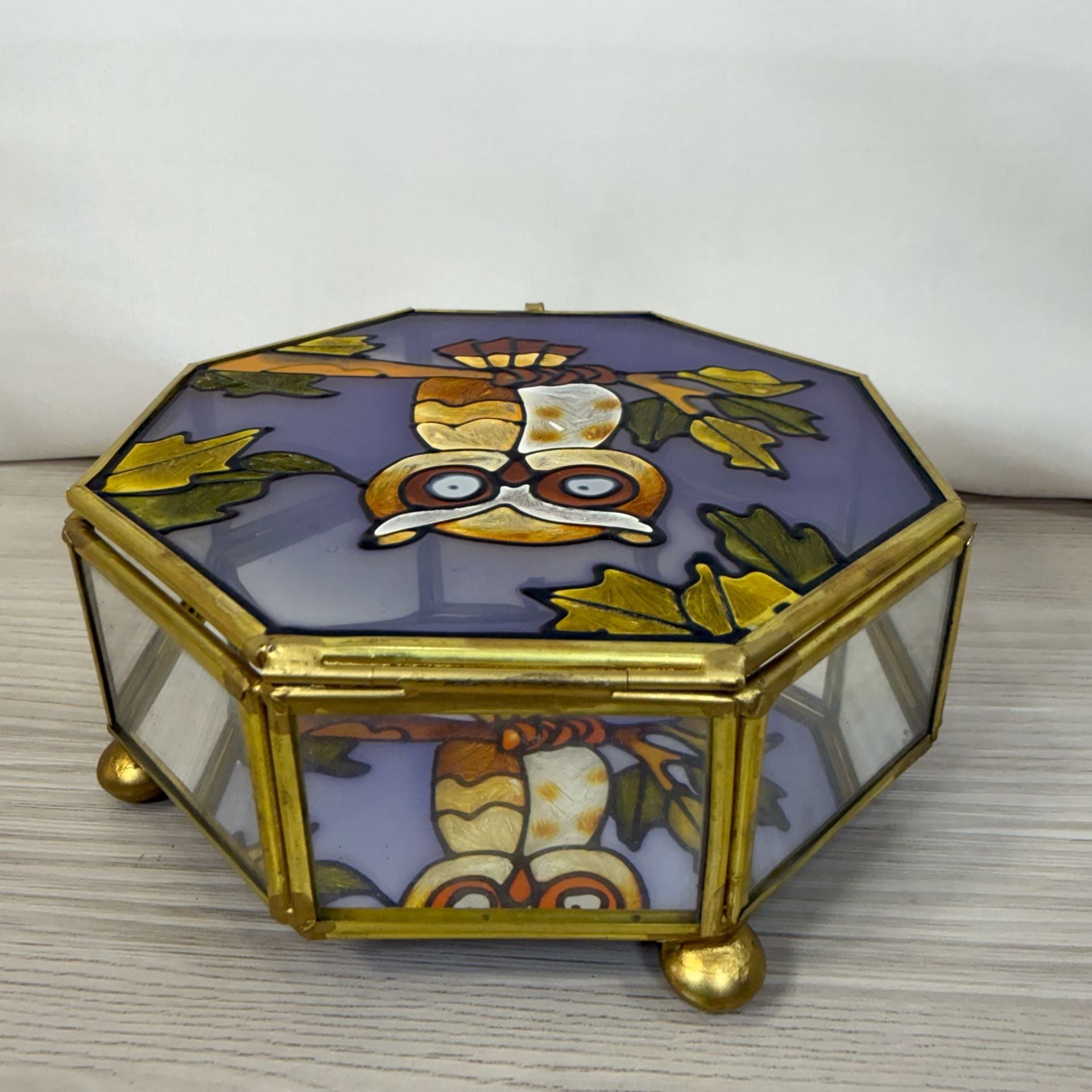 Vintage Brass Faux Stained Glass Owl Octagon Trinket Jewelry Box 7