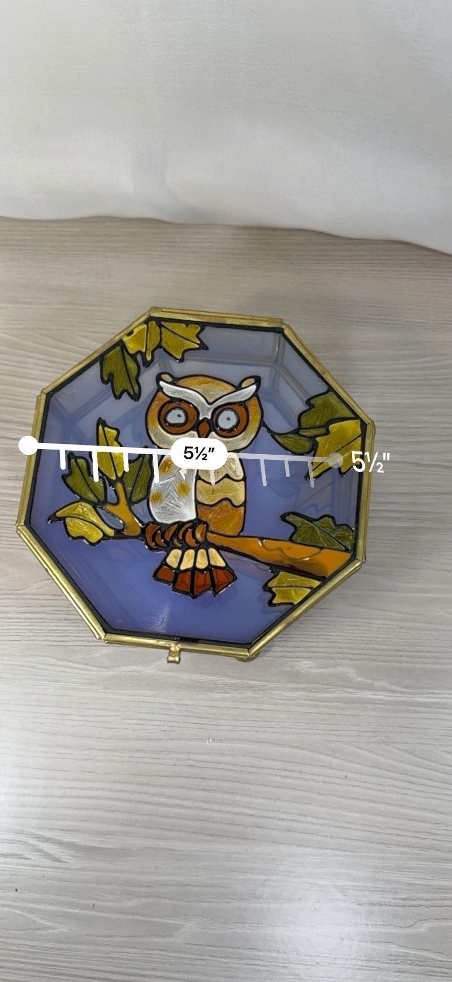 Vintage Brass Faux Stained Glass Owl Octagon Trinket Jewelry Box 8