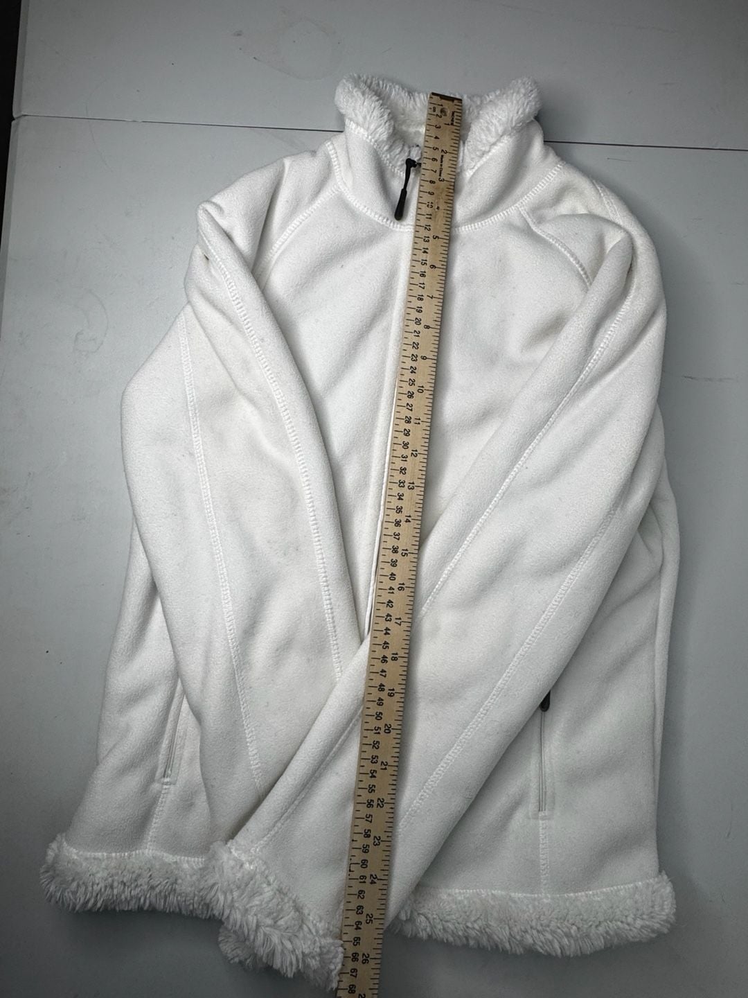 Green Tea Fleece Jacket Size S/C White Faux Fur Trim 4