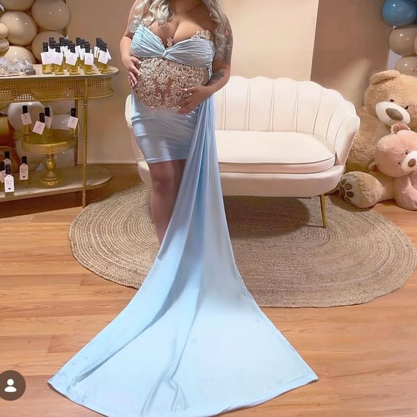 Dash Boutique Custom Maternity Baby Shower Dress Light Blue Beaded Train