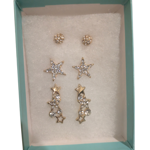 Gold Tone Crystal Star Earring Set Of 3 Pairs