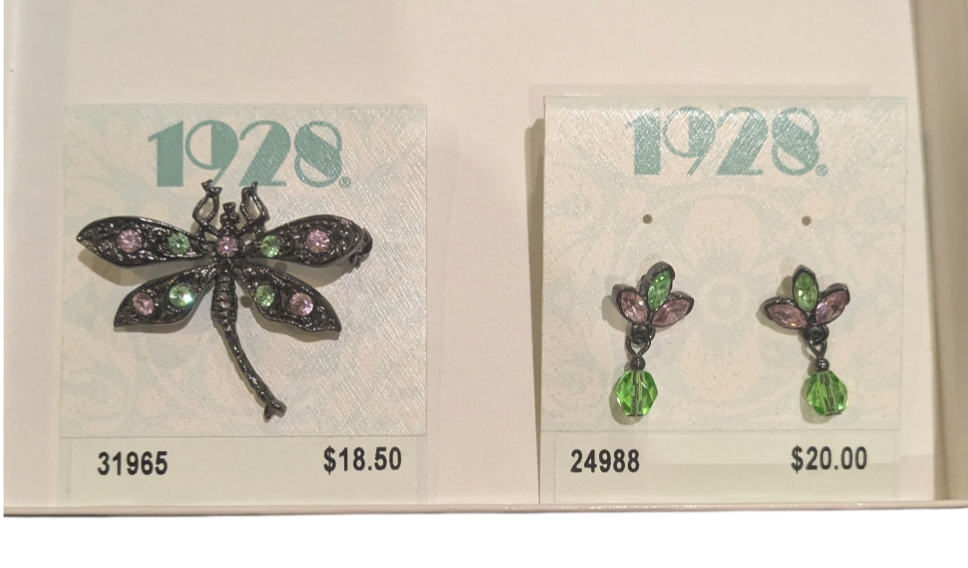 1928 Dragonfly Brooch And Earring Set Green Pink Crystals 1