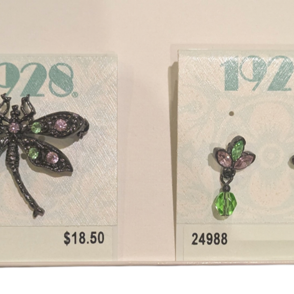 1928 Dragonfly Brooch And Earring Set Green Pink Crystals