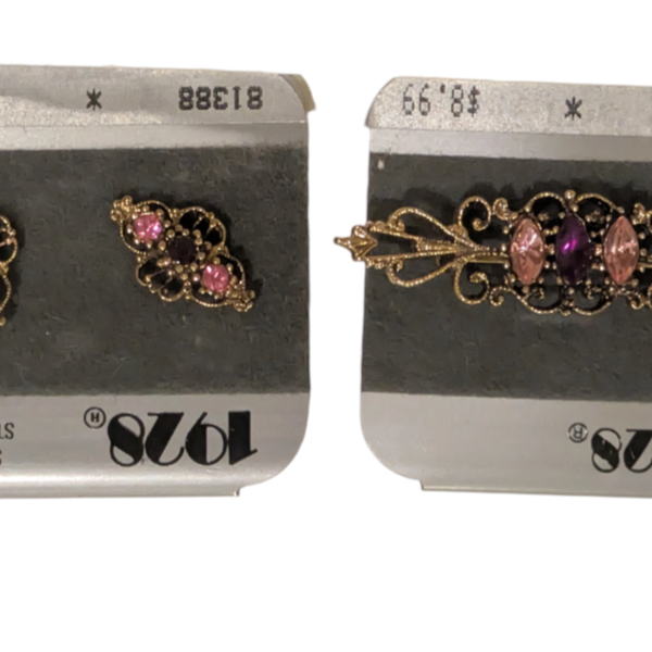 1928 Jewelry Filigree Pink Purple Rhinestone Earrings And Pin