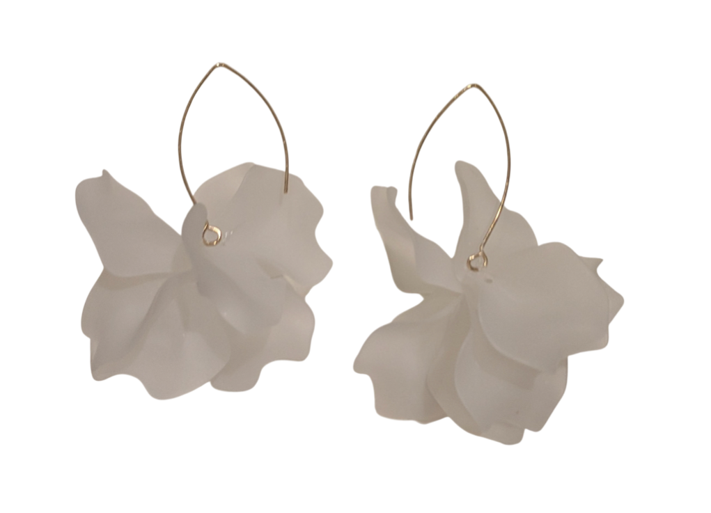 White Acrylic Flower Petal Drop Earrings Gold Tone Hooks 2