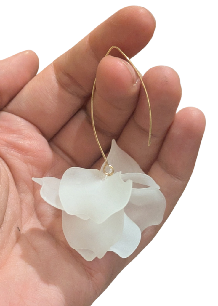White Acrylic Flower Petal Drop Earrings Gold Tone Hooks 3