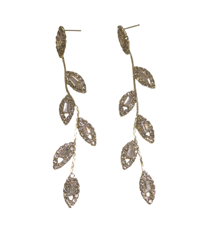 Gold Toned Rhinestone Leaf Drop Earrings 2
