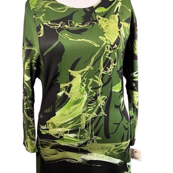 Save The Queen! Italian Designer Abstract Art Print Dress XL Green Black Made in Italy