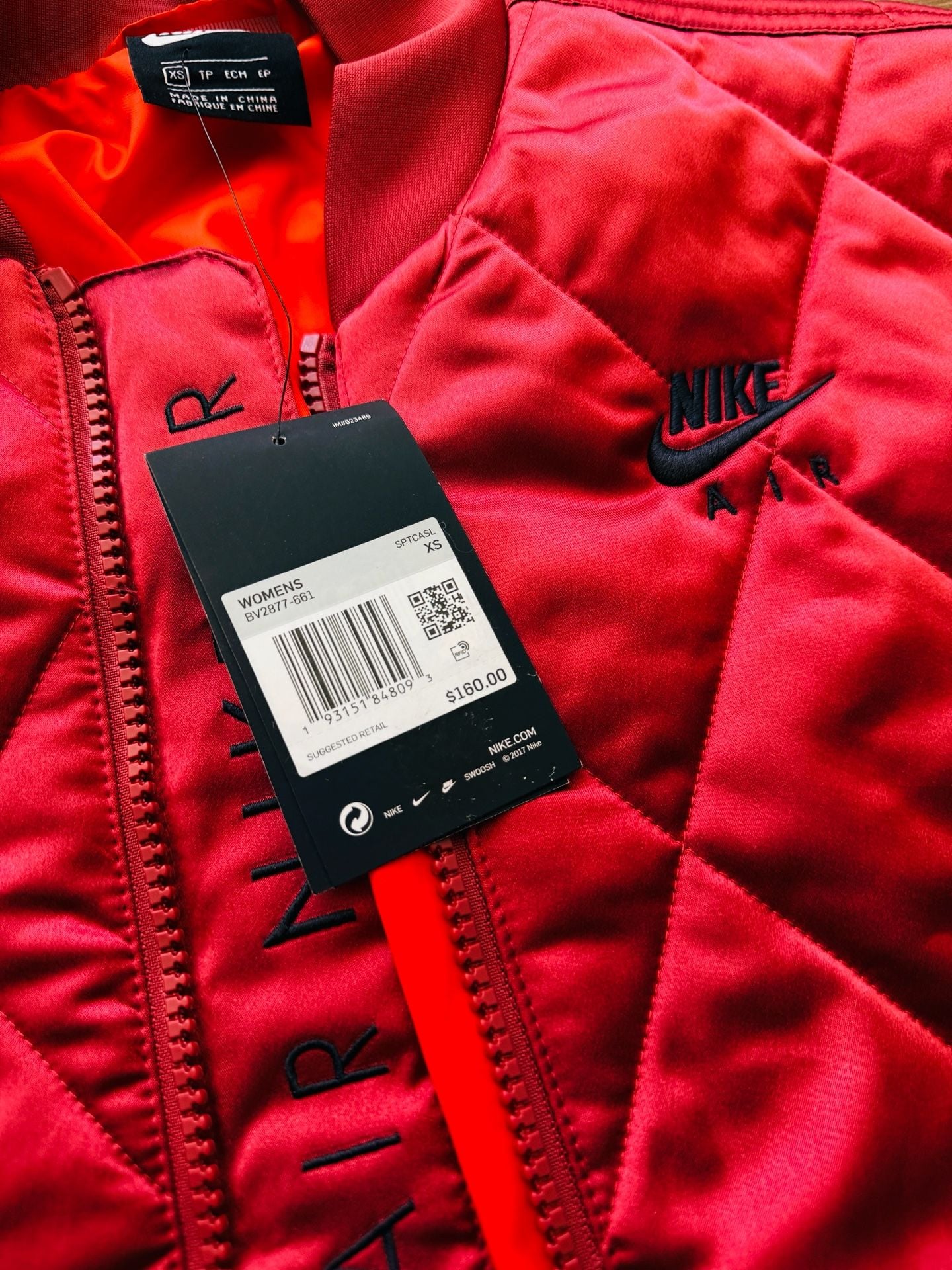 Nike Air Satin Quilted Bomber Jacket Sz XS Cedar Red BV2877-661 Brand New $160 9