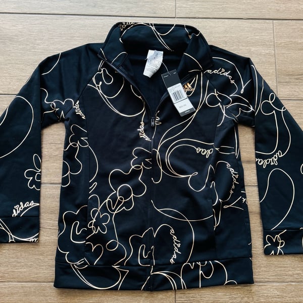 Adidas Track Jacket Sz L (14) girls size Black Gold Floral Full Zip Retail $60