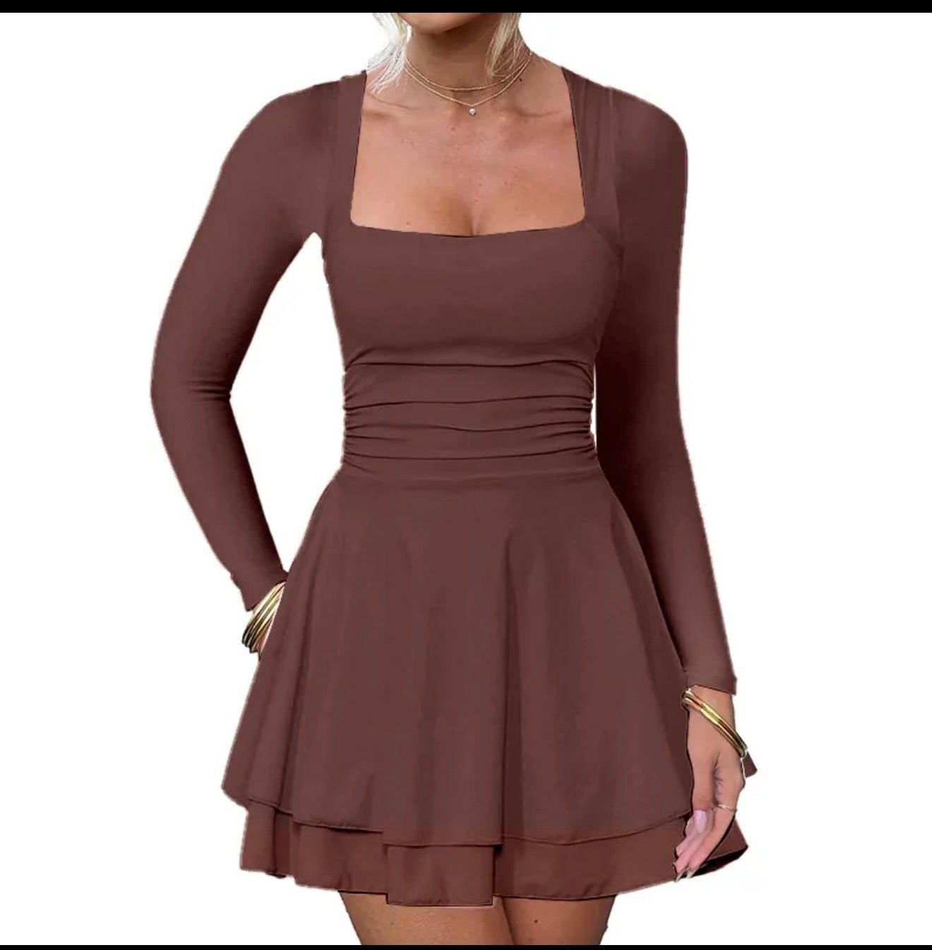 Women Square Neck Long Sleeve Ruched Waist Ruffle Hem Mini Dress Brown 2