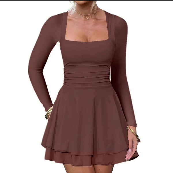 Women Square Neck Long Sleeve Ruched Waist Ruffle Hem Mini Dress Brown