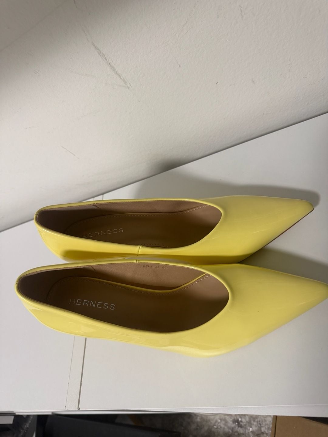 BERNESS Pointed Toe Stiletto Pumps Size 7 Yellow Patent Leather Heels 4