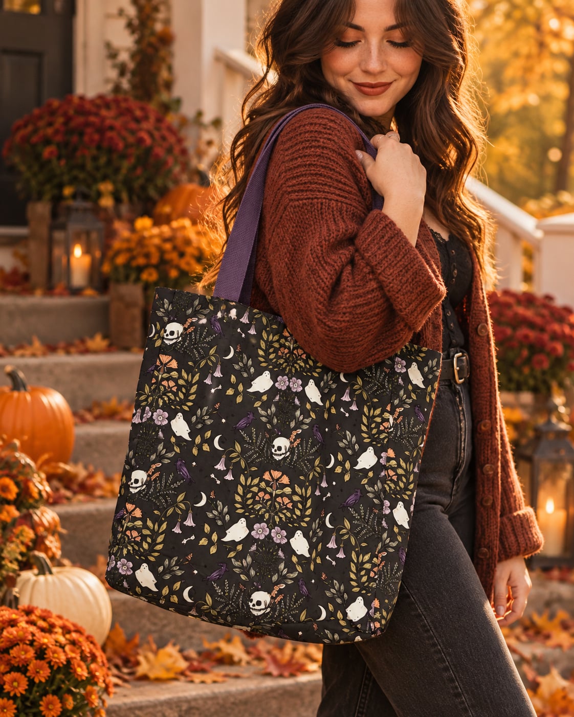 Halloween Ghost Skull Raven Botanical Tote Bag NWT Cottage Goth 2
