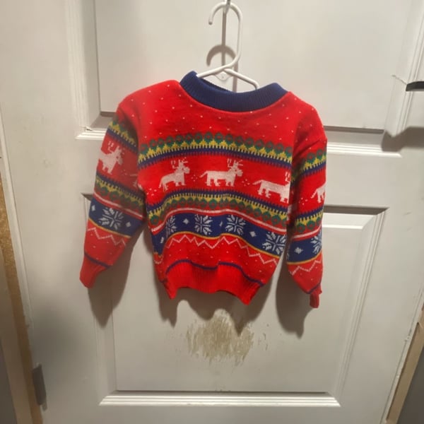 Vintage Kids Christmas Sweater Size 5-6 Red Reindeer Fair Isle Knit Pullover