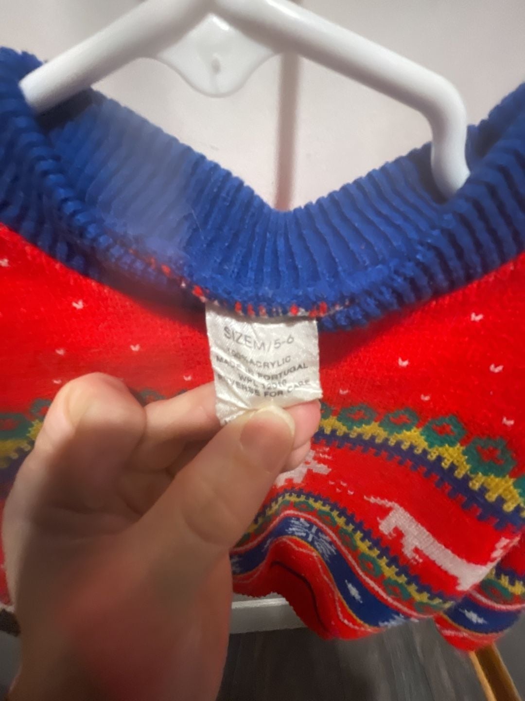 Vintage Kids Christmas Sweater Size 5-6 Red Reindeer Fair Isle Knit Pullover 3