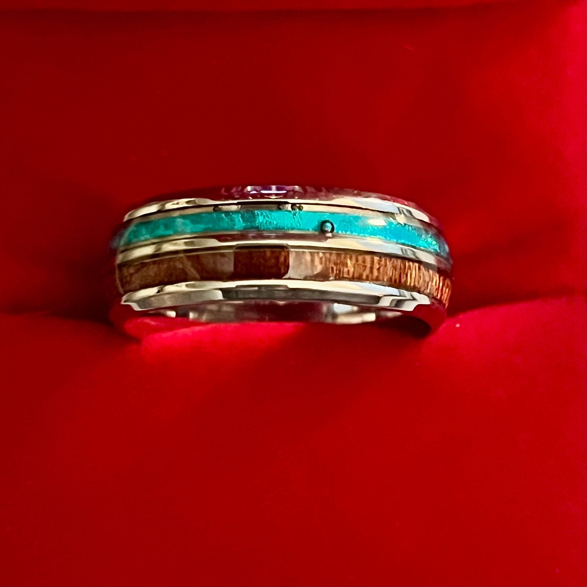 Tungsten Turquoise Koa Wood Polished Finish 6mm Silver Ring Size 12 3