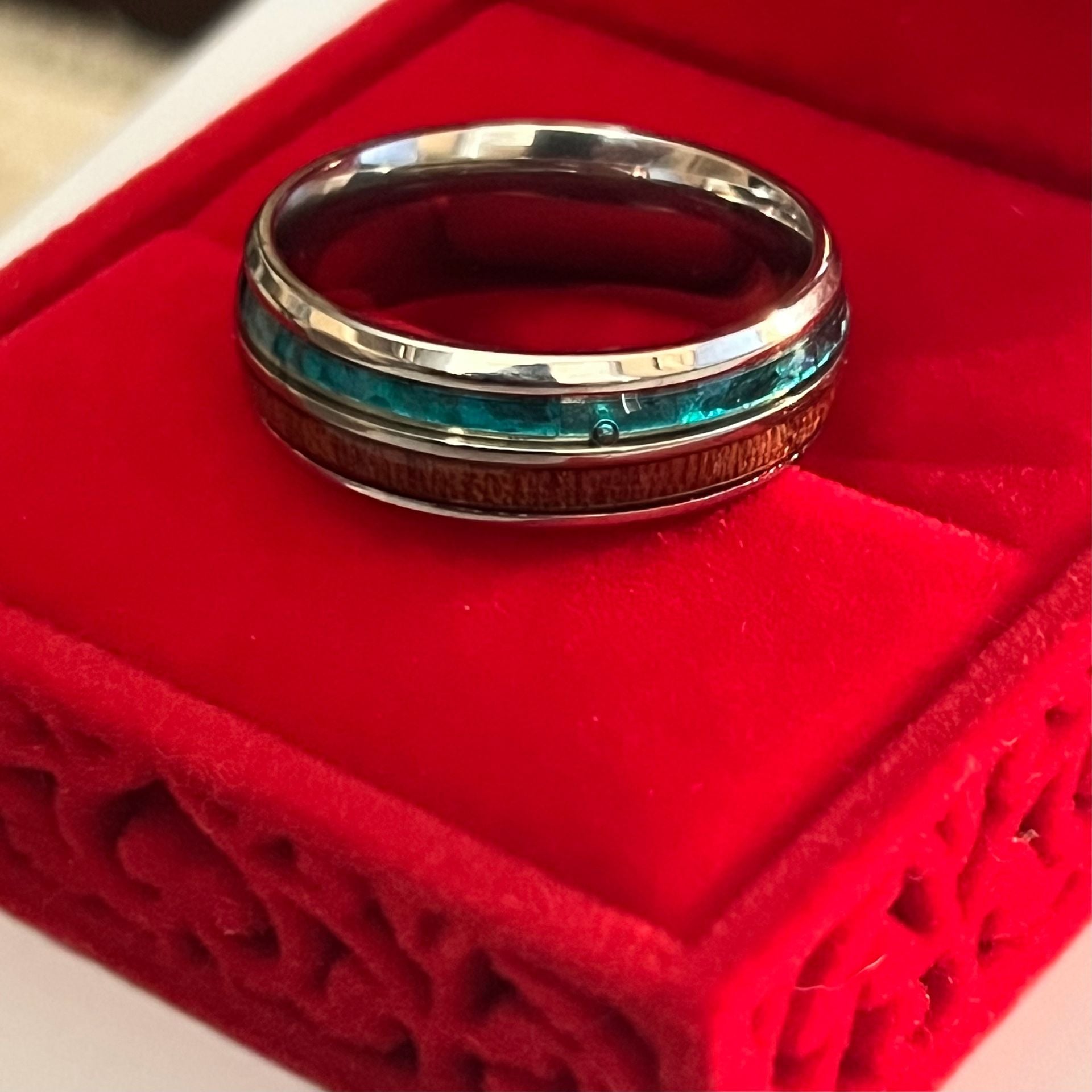 Tungsten Turquoise Koa Wood Polished Finish 6mm Silver Ring Size 12 5