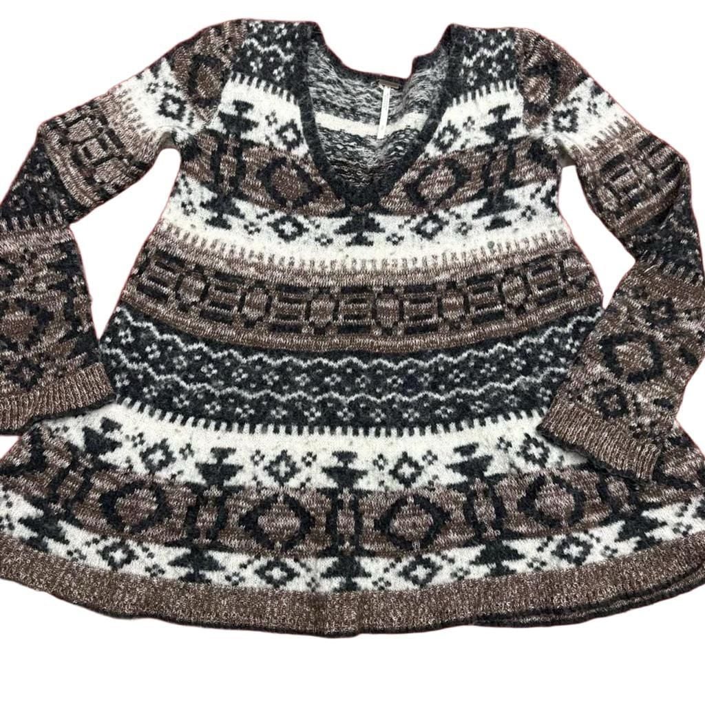 Free People Fair Isle Geometric Patterned V-Neck Sweater Small 3