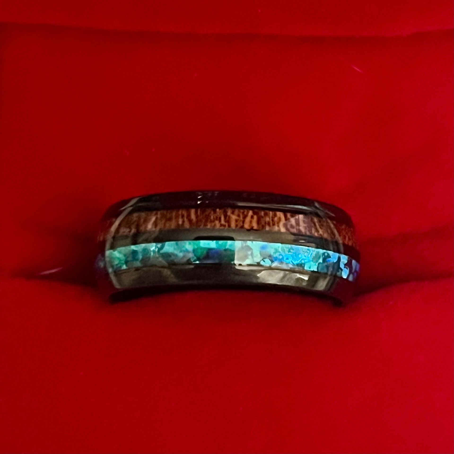 Tungsten Koa Wood Blue Opal Inlay 6mm Polished Finish Band Size 11 4