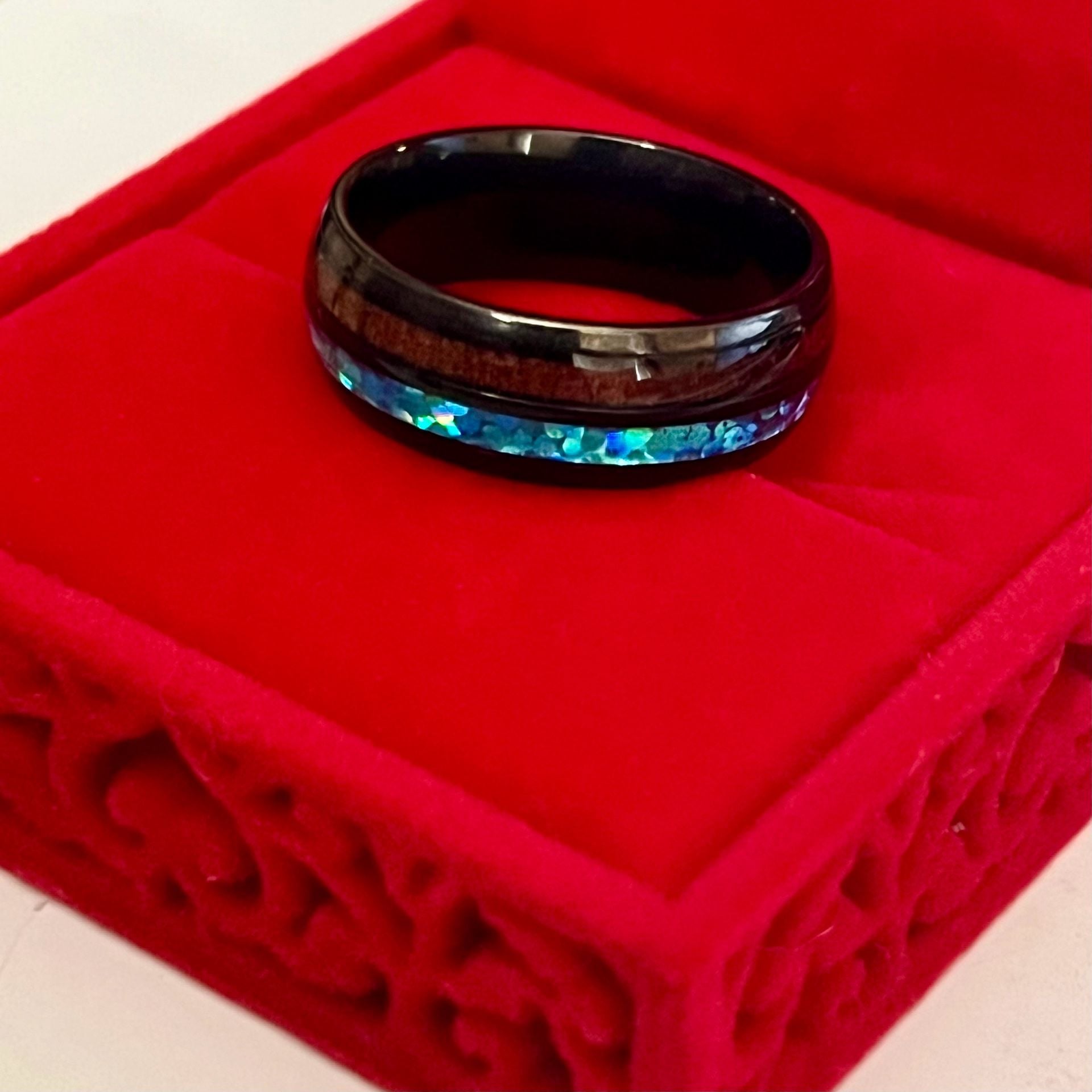 Tungsten Koa Wood Blue Opal Inlay 6mm Polished Finish Band Size 11 5
