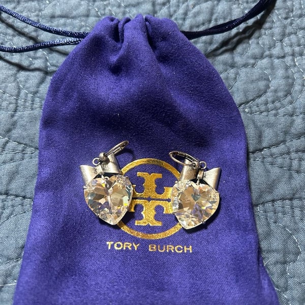 Tory Burch Crystal Heart & Bow Drop Earrings Silver
