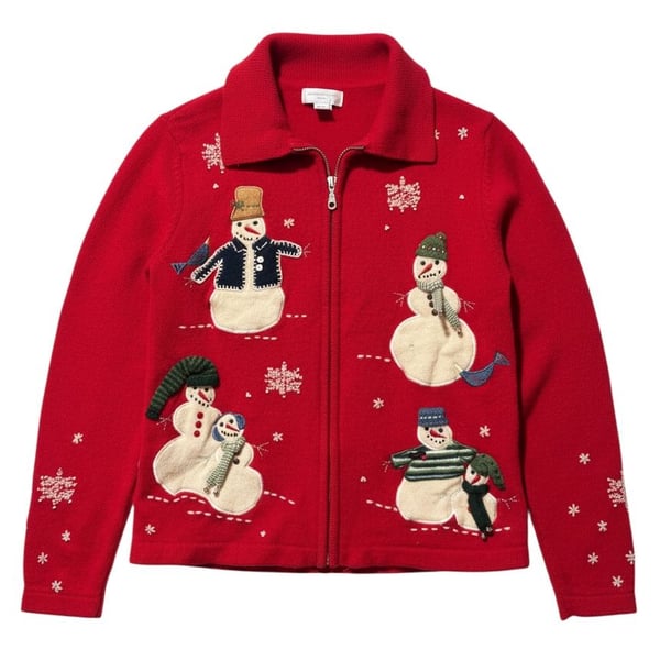 Jones New York Sport Red Snowman Zip-Up Sweater Size Small