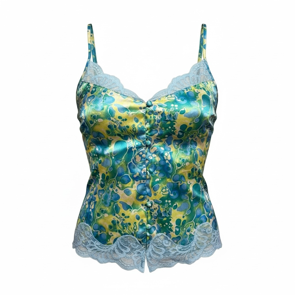 Valerie Stevens Cami Top Size M Blue Green Pattern Lace Button Up 2