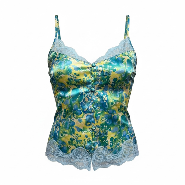 Valerie Stevens Cami Top Size M Blue Green Pattern Lace Button Up