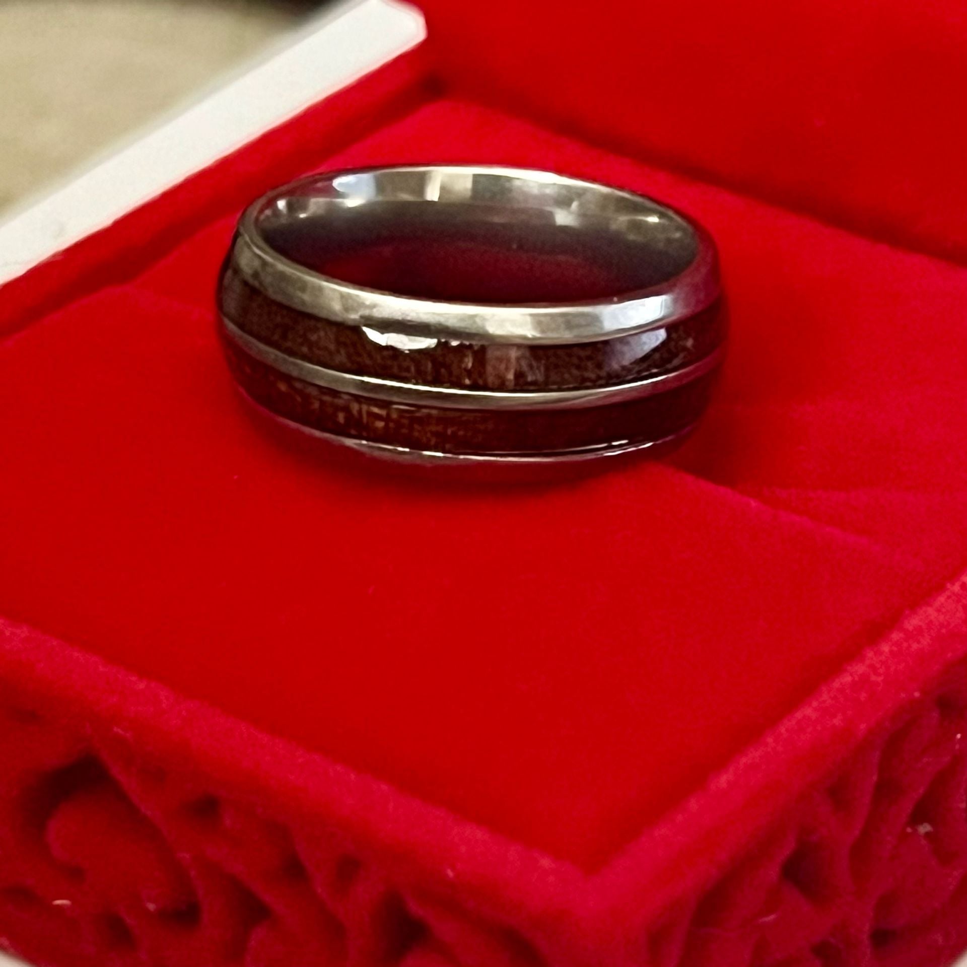 Tungsten Koa Wood Inlay Titanium Steel Silver Polished Finish 6mmBand Size 7 7
