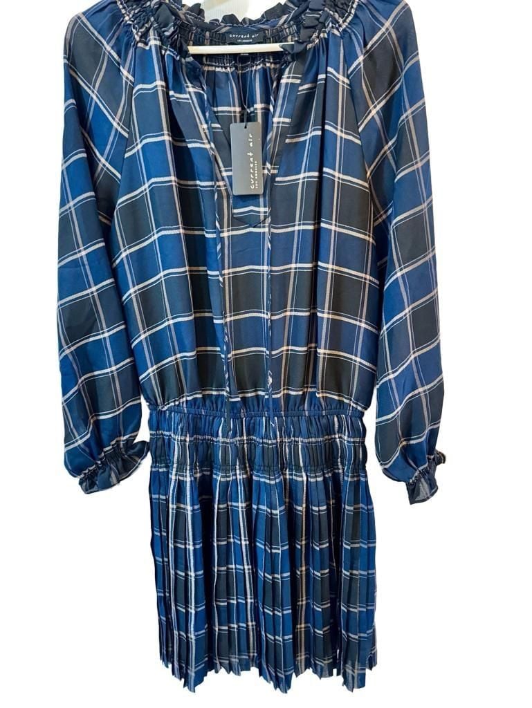 Current Air Pleated Mini Dress Size XS Blue, Black Plaid Long Sleeve | Anthropologie NWT 2