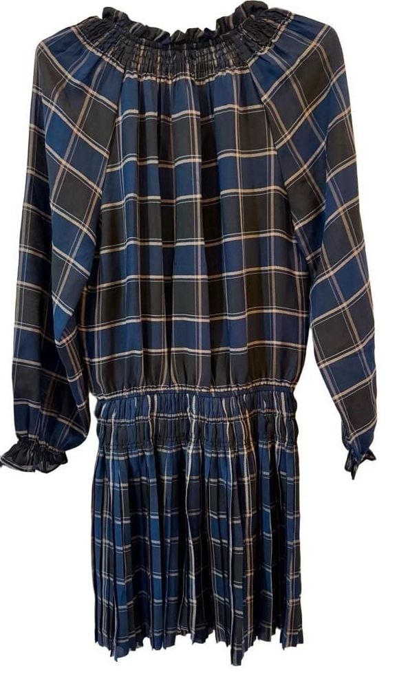Current Air Pleated Mini Dress Size XS Blue, Black Plaid Long Sleeve | Anthropologie NWT 4