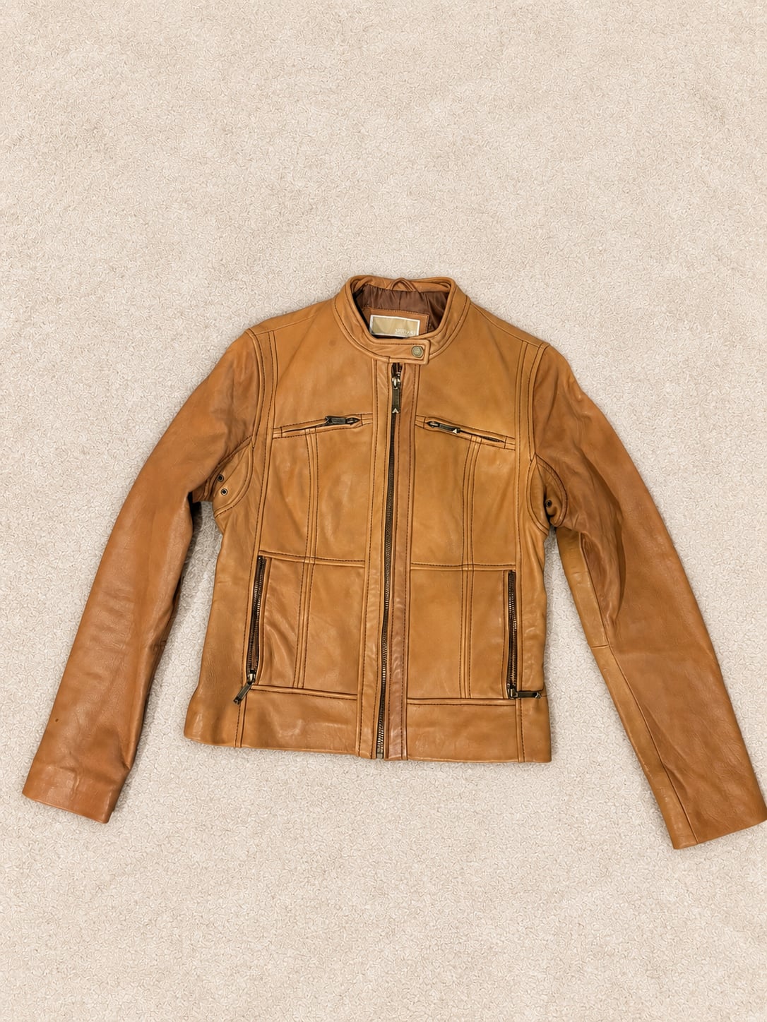 MICHAEL Michael Kors 100% Genuine Leather Moto Jacket Size Medium Cognac Tan 3