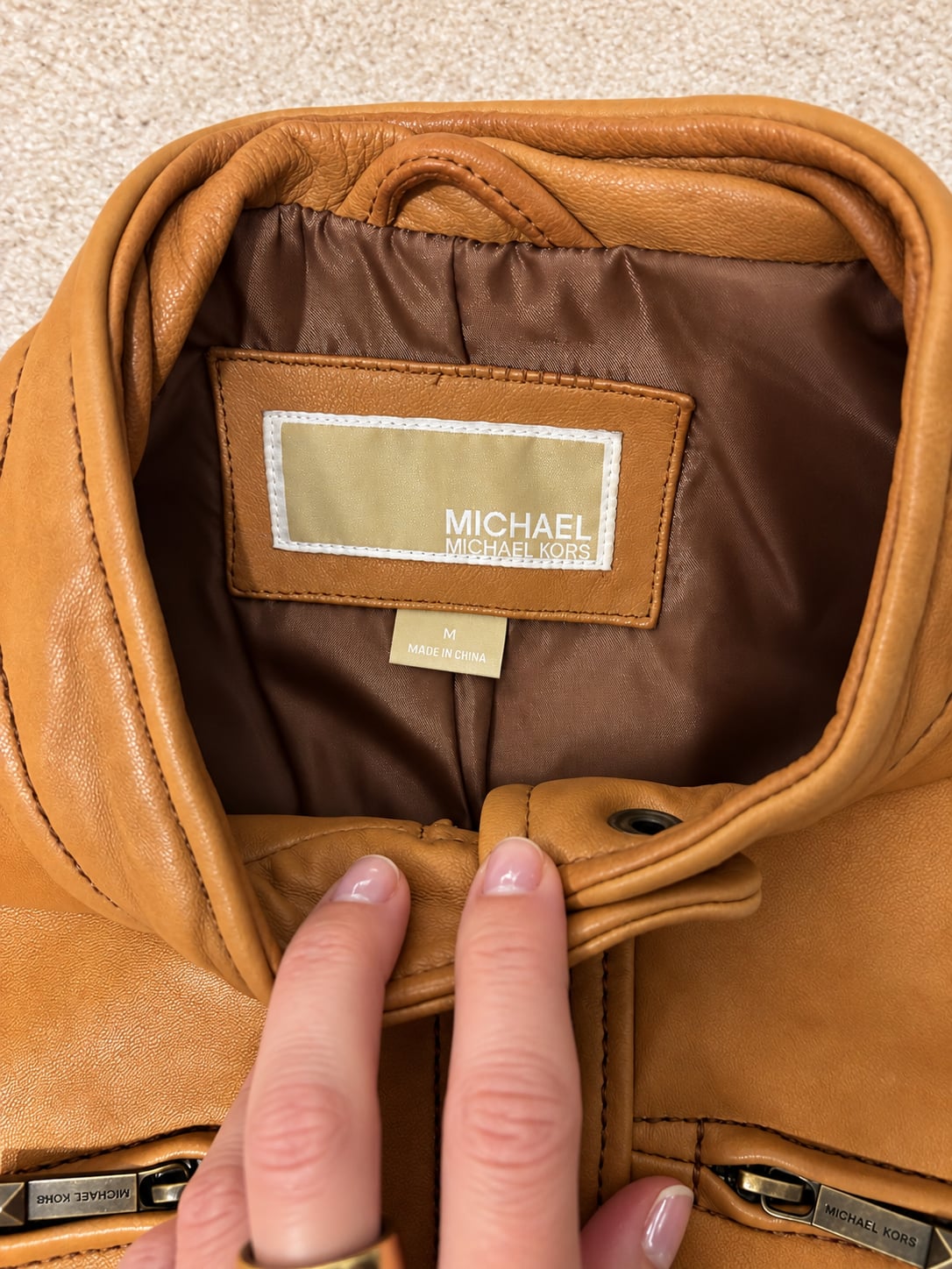 MICHAEL Michael Kors 100% Genuine Leather Moto Jacket Size Medium Cognac Tan 6