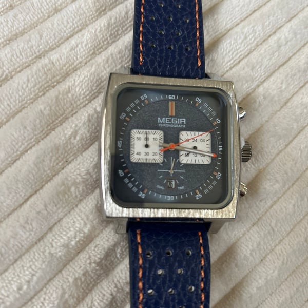 MEGIR Chronograph Square Watch Blue Leather Strap